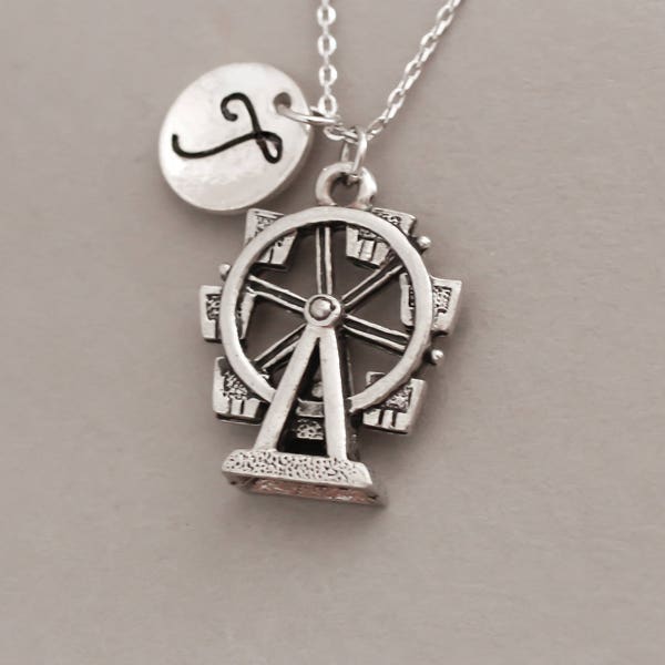 Ferris wheel necklace. silver charm necklace. friendship jewelry. personalized Initial necklace. custom letter.monogram necklace.