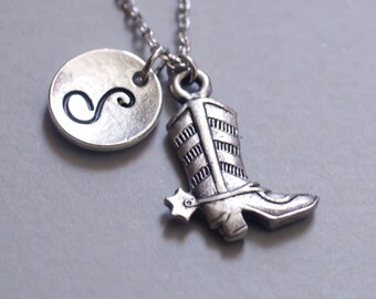 Cowboy boot charm necklace. friendship jewelry. personalized Initial necklace. custom letter.monogram necklace.