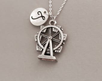 Ferris wheel necklace. silver charm necklace. friendship jewelry. personalized Initial necklace. custom letter.monogram necklace.