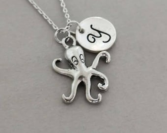 Silver Octopus necklace with initials - friendship necklace for 2 - family jewelry - personalized infinity necklace - octopus jewelry