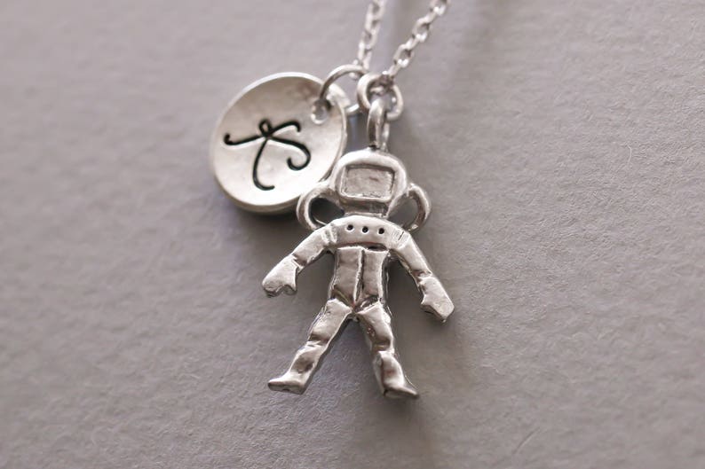 Spaceman charm necklace. friendship jewelry. personalized Initial necklace. custom letter.monogram necklace. image 1