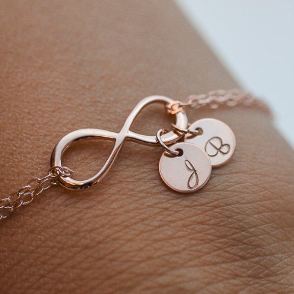 Personalized Infinity Bracelet. Initials Rose Gold Bracelet. two discs jewelry. Mom,Sister,Wife,Bridesmaid Gift.