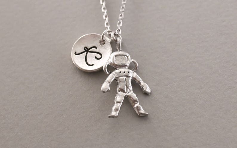 Spaceman charm necklace. friendship jewelry. personalized Initial necklace. custom letter.monogram necklace. image 2