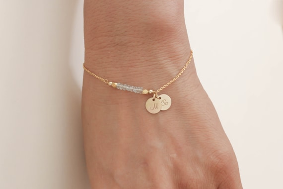 Aquamarine Bracelet. Initials Disc Gold Bracelet. March | Etsy