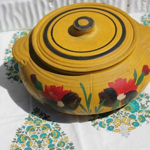 Vintage Folk Art  Yellow Flowers Clay Pot with Black trim Lid