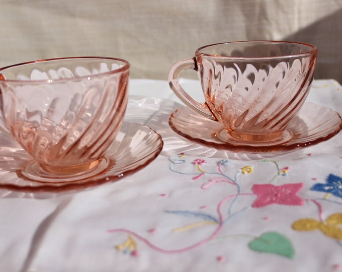 Pink Depression Glass Tea Set 2 Cups and 2 Saucers Marked Arcoroc