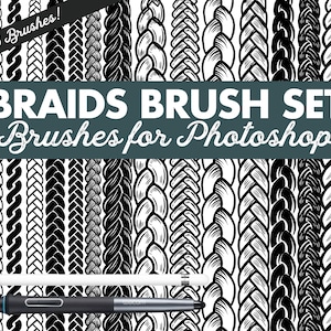 May include: A set of 16 black and white braid brushes for Photoshop. The brushes are displayed as a repeating pattern of different braid styles. The text "BRAIDS BRUSH SET Brushes for Photoshop" is displayed at the top of the image.