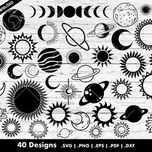 Ensemble SVG Soleil, Lune et planètes | Image vectorielle, découpe de fichiers DXF pour Cricut et Silhouette