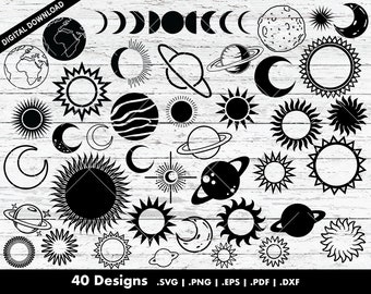 Sun, Moon, and Planets SVG Bundle | Vector, Cutting DXF Files for Cricut and Silhouette