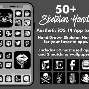 Puede incluir: Una ilustración en blanco y negro de un teléfono inteligente con más de 50 iconos de manos de esqueleto para aplicaciones iOS 14. El texto "50+ Skeleton Hands" está escrito en una fuente estilizada. El texto "Aesthetic iOS 14 App Icons" está escrito en una fuente más pequeña. El texto "Hand-Drawn Skeleton Hands for your favorite apps." está escrito en una fuente más pequeña. El texto "Includes 52 most used apps and 2 matching wallpapers." está escrito en una fuente más pequeña.