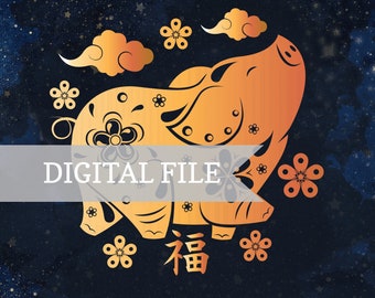DIGITAL Chinese new year, Year of the pig artwork, personalised name and birth date, lunar new year, happy fortune luck, gold constellation