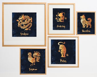 Chinese Zodiac year artwork, personalised name and birth date, lunar new year, happy fortune luck, customised details, gold constellation