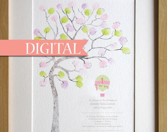 DIGITAL Birthday girl, Birthday gift, 1 year old, fingerprint tree, diy baby room decor, custom birthday details, family tree, guest book