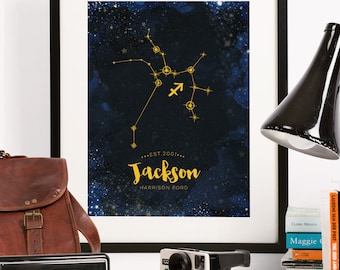 Zodiac astrological art print, teenage boy, teenage girl, Wall decor, graduation gift, GOLD Customized constellation star sign wall art