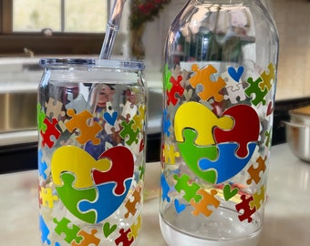 Autism Love- 16oz Acrylic-Glass Can| 24oz Plastic Water Bottle