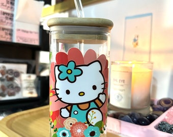 Kitty Square Glass Can w/Handle and Straw - 17oz