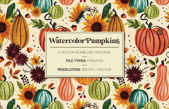Watercolor Pumpkin Vector Paper, Fall pattern, Seamless pattern, Pumpkin Clipart, Fall leaves clipart, Digital download, Vector EPS file