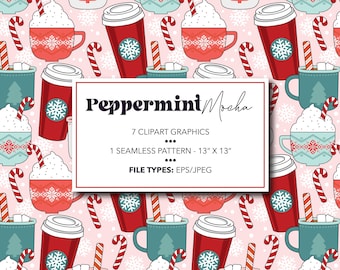 Puede incluir: Un patrón sin costuras que presenta un diseño festivo de mocha de menta. El patrón incluye tazas rojas y verdes con crema batida, bastones de caramelo y copos de nieve sobre un fondo rosa. El texto "Peppermint Mocha" está incluido en el diseño.
