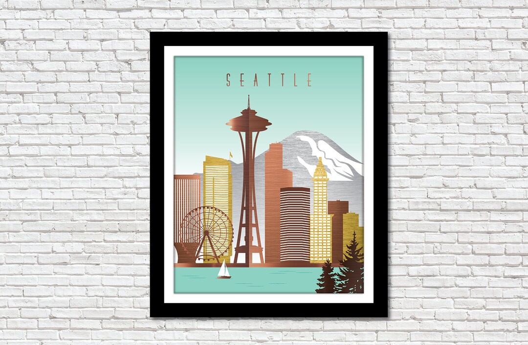 Retro Seattle Skyline Wall Art Digital Print Instant Etsy