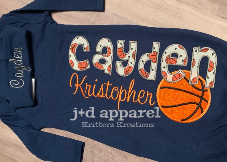 Personalized Navy Baby Gown and Hat. Basketballs on White. Etsy