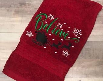 Christmas. Believe. Santa. Sleigh. Snowflakes. Bathroom. Kitchen. Embroidered. Hand Towel. Decor.