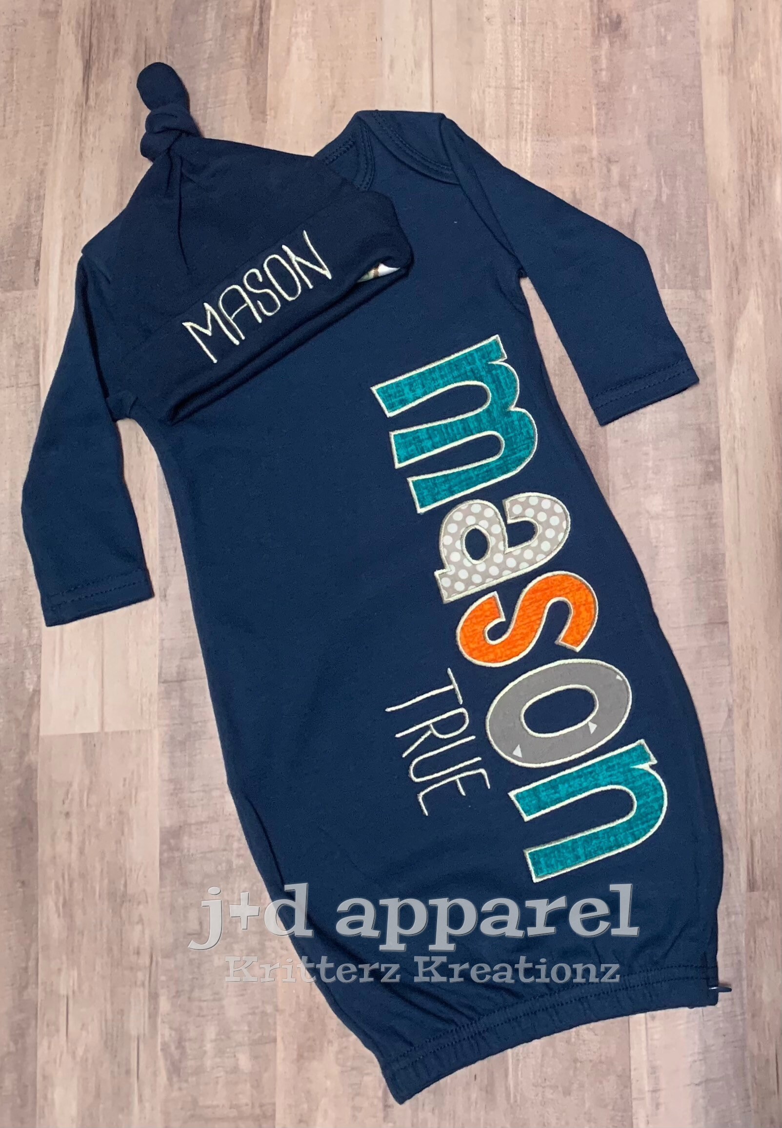 Personalized Navy Baby Gown and Hat. Grey Orange and Teal. | Etsy
