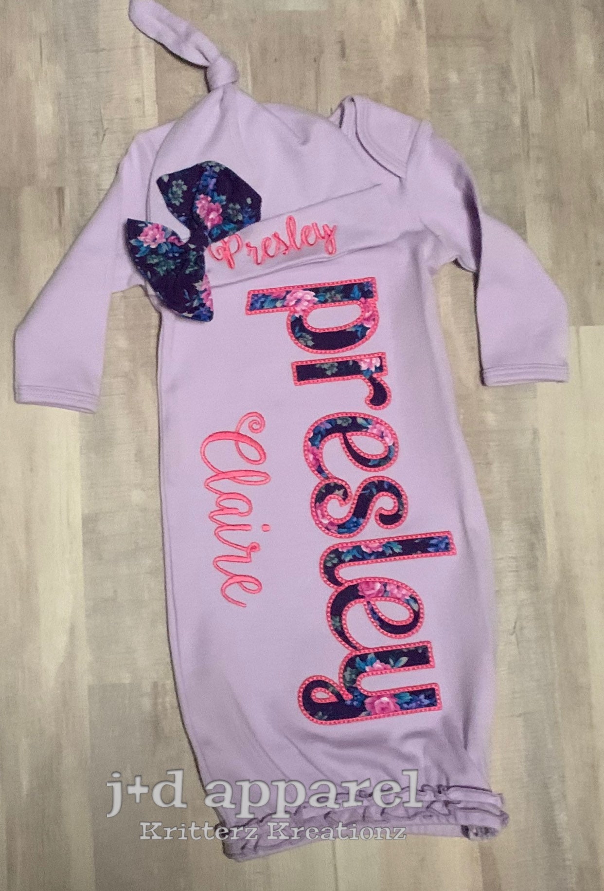 Personalized Lilac Baby Gown and Hat with Bow. Dark Purple | Etsy