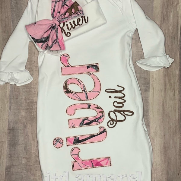 Personalized Girls White Baby Gown and Hat with Matching Bow. Pink and Brown Camo. Baby Girl Coming Home Outfit. Baby Shower gift. Custom.