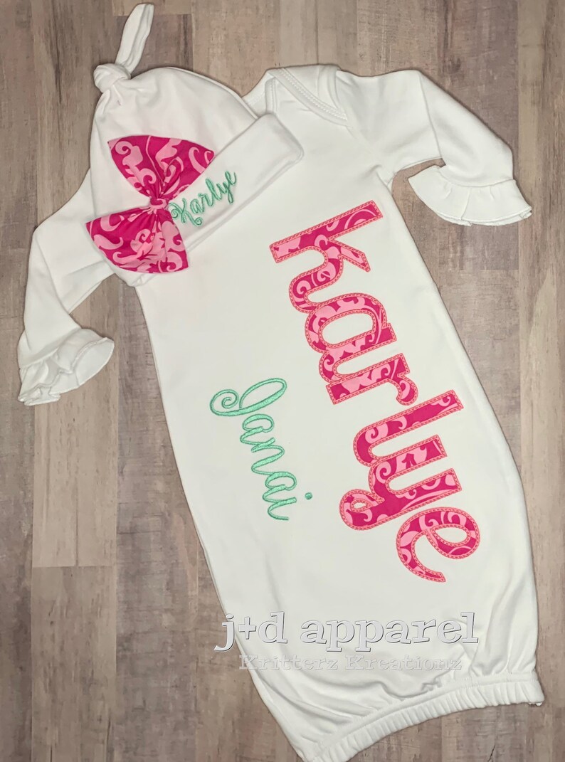 Personalized White Baby Gown and Hat With Matching Bow. Pink Etsy