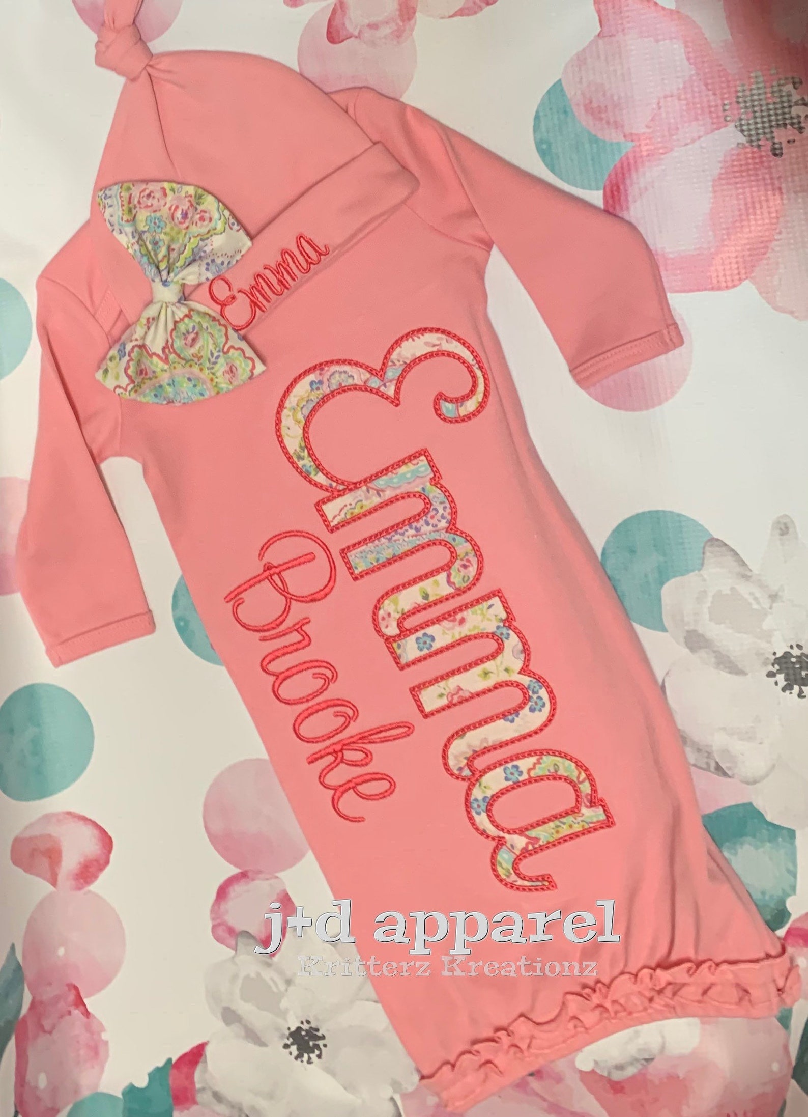 Personalized Bubblegum Pink Baby Gown and Hat. Hat and Bow. Etsy