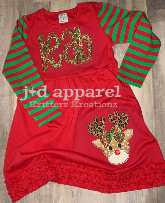 Christmas Mini Ruffle Dress. Reindeer and Name Girls Dress. - Etsy