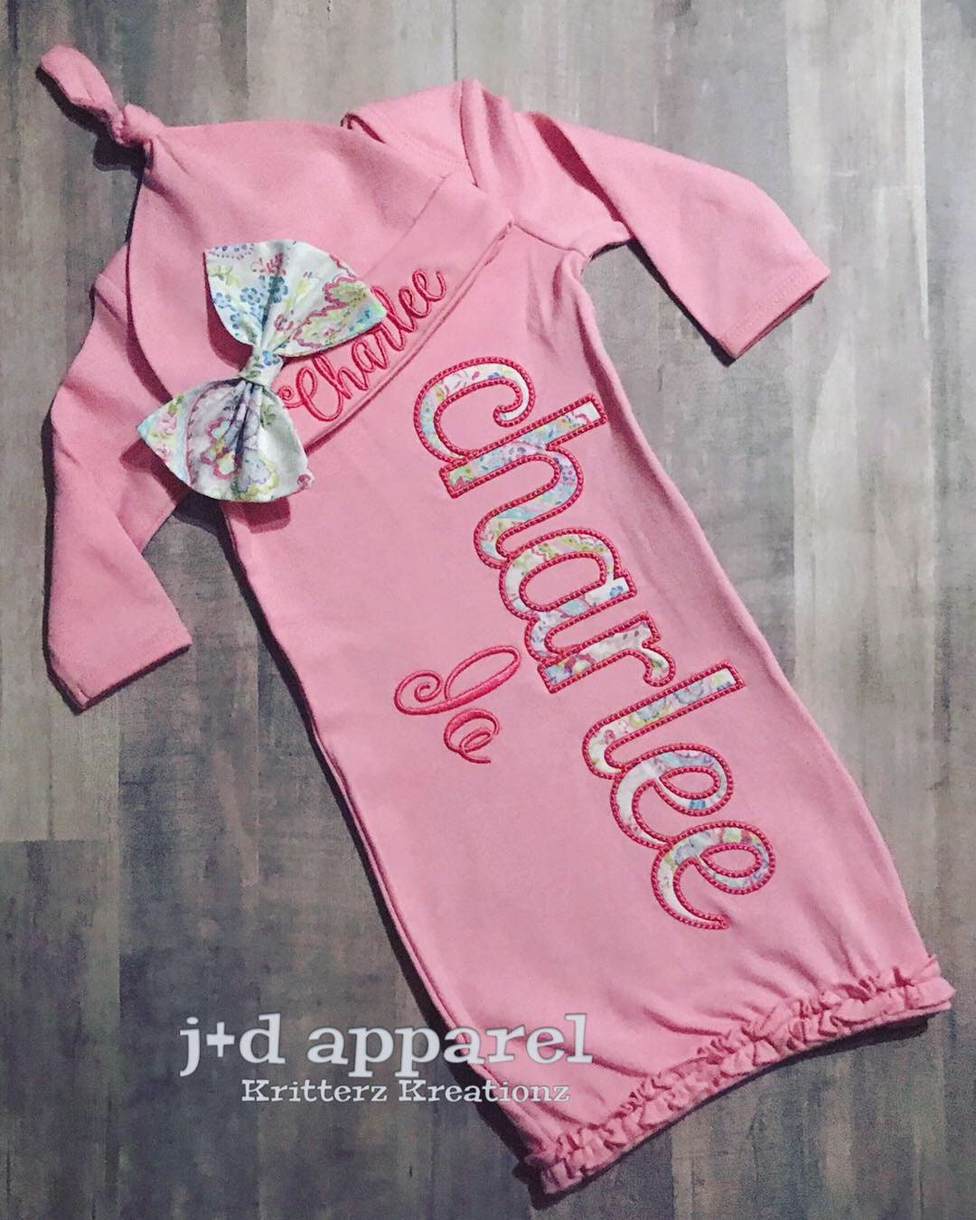 Personalized Bubblegum Pink Baby Gown and Hat. Hat and Bow. Baby Girl