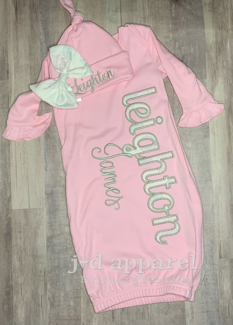 Personalized Girls Pink Baby Gown and Hat With Matching Bow. Etsy