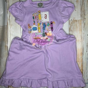 Lavender Back to School Ruffle Dress. First Day of School Dress. Girls Applique Dress. Name Dress. Monogrammed. Vintage Stitch. Custom.
