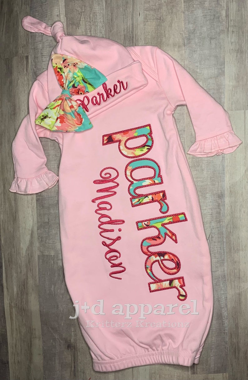 Personalized Pink Baby Gown and Hat With Matching Bow. Love Etsy