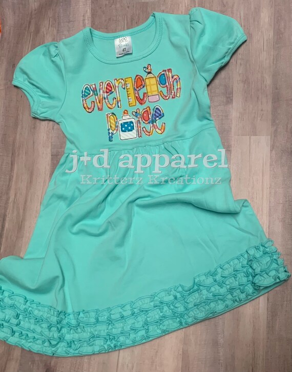 Aruba Blue (Aqua) Back to School Mini Ruffle Dress. School Supply Girls Applique Dress. Name Dress. Monogrammed. Vintage Stitch. Custom