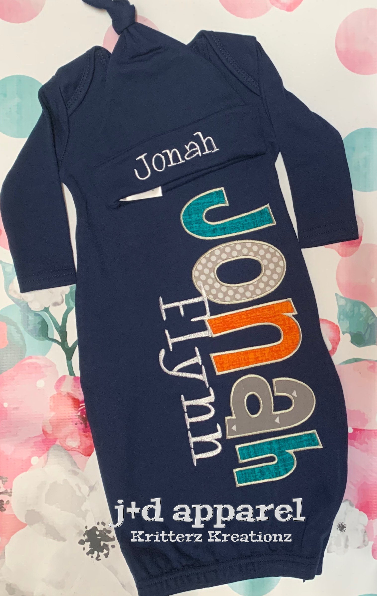 Personalized Navy Baby Gown and Hat. Grey Orange and Teal. | Etsy