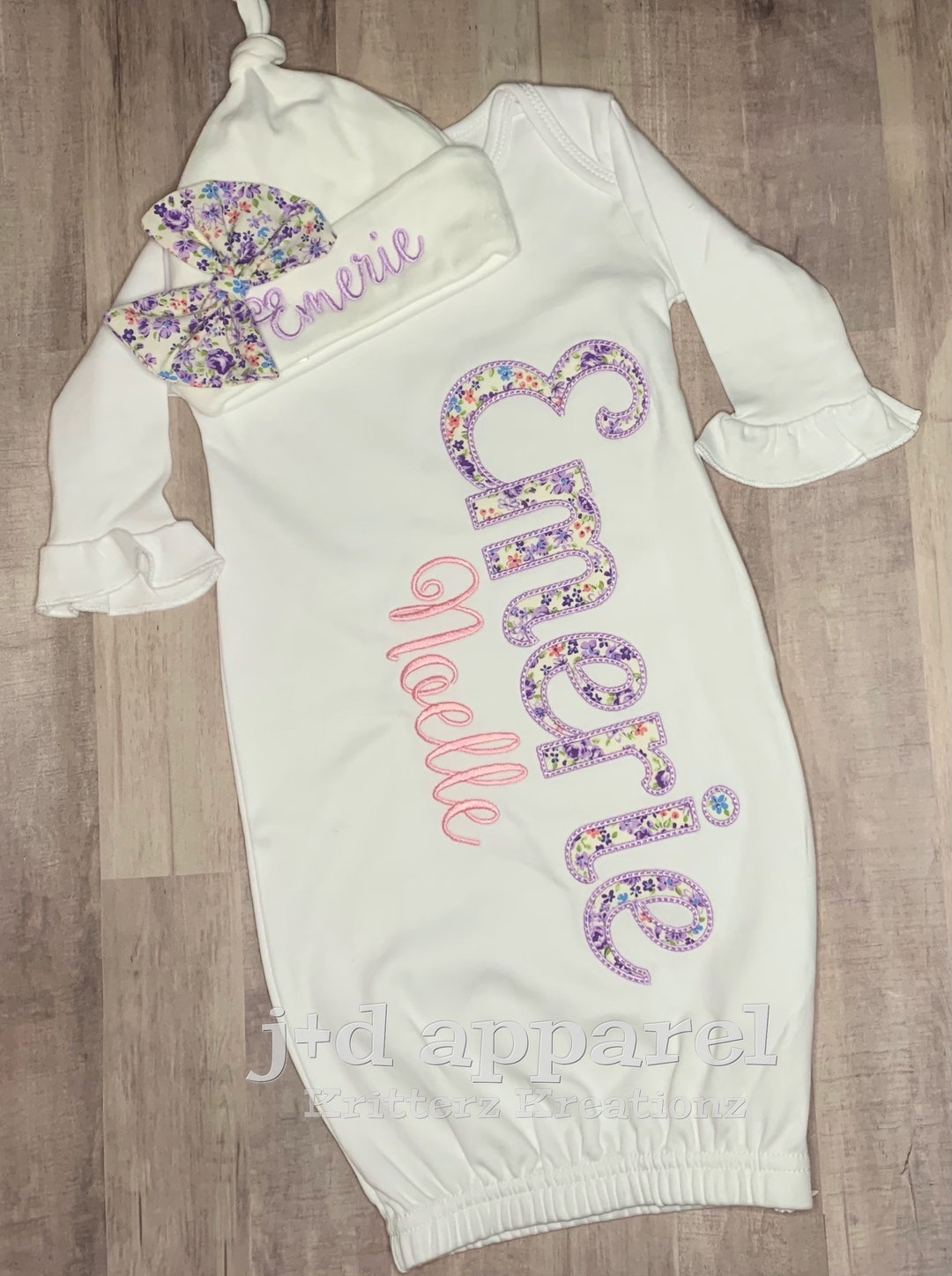 Personalized Girls White Baby Gown and Hat With Bow. Purple, Coral and