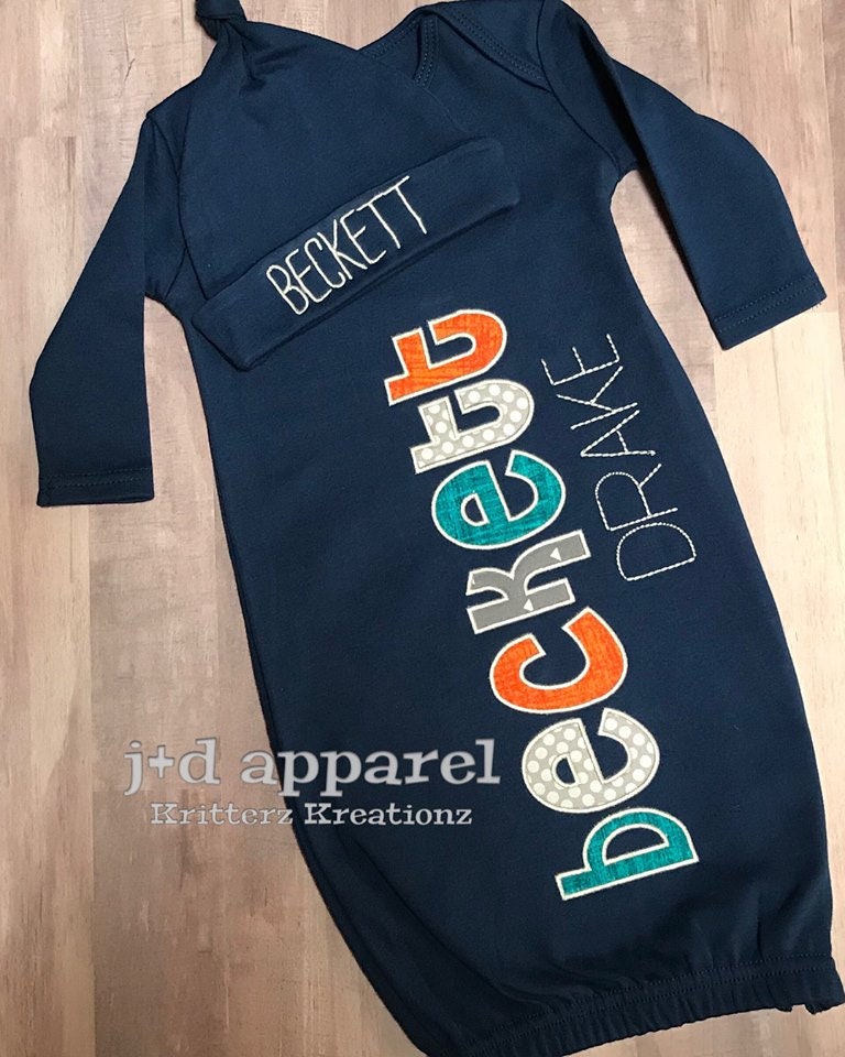 Personalized Navy Baby Gown and Hat. Grey Orange and Teal. | Etsy