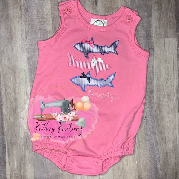 Sharks with Bows Baby Romper. Girly Sharks. Sharks with Bows. Baby Bubble. Nautical. Girl Bubble Romper. Summer baby outfit. Beach Outfit.