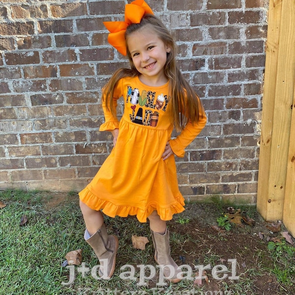 Thanksgiving Ruffle Dress. Thanksgiving Dress. Girls Applique Dress. Name Dress. Monogrammed. Vintage Stitch. Custom.