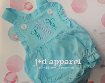 Monogram Bow Sunsuit. Girls Monogram Sunsuit. Cute and Dainty Monogram Sunsuit. Girls Monogram Romper. Ruffle Romper. Monogrammed. Custom.
