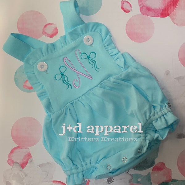 Monogram Bow Sunsuit. Girls Monogram Sunsuit. Cute and Dainty Monogram Sunsuit. Girls Monogram Romper. Ruffle Romper. Monogrammed. Custom.