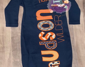 Personalized Navy Baby Gown and Hat. Orange, Navy and White. Coming Home Outfit. Baby Boy. Baby Girl. Newborn. Baby Shower Gift. Custom.