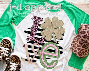 Stacked Shamrock Love. St. Patrick’s Day Shirt. Adult St. Paddy’s Day Day Shirt. St. Patty’s Shirt. Love. Shamrock. Screenprinted shirt.