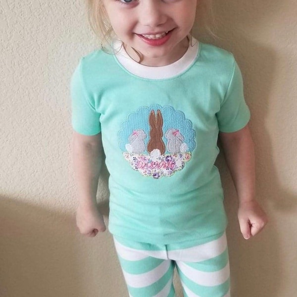 Personalized Easter Pajamas. Scallop Girl Bunny Trio. Girly Easter Pajamas. Spring Pajamas. Bunny Rabbit. Flowers. Limited Time.