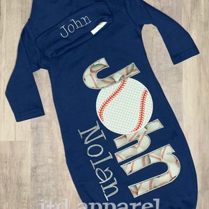 Personalized Navy Baby Gown and Hat. Baseballs with baseball. Coming Home Outfit. Baby Boy. Baby Girl. Newborn. Baby Shower Gift. Custom.