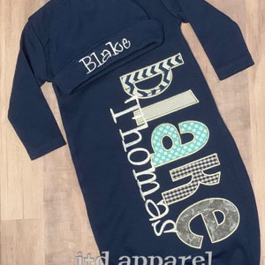 Personalized Navy Baby Gown and Hat. Grey, Aqua and Navy. Baby Coming Home Outfit. Baby Boy. Newborn. Hospital Set. Baby Shower gift. Custom