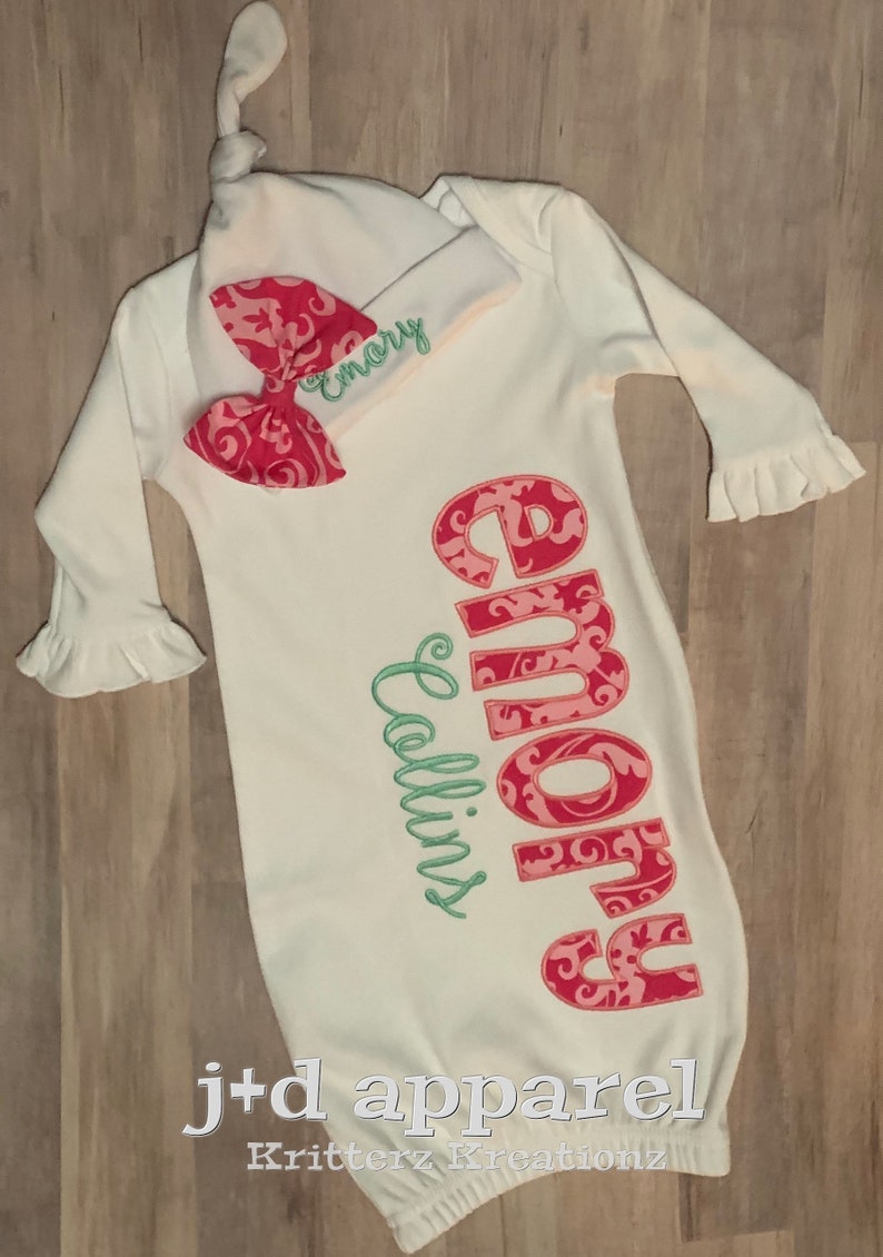 Personalized White Baby Gown and Hat With Matching Bow. Pink Etsy