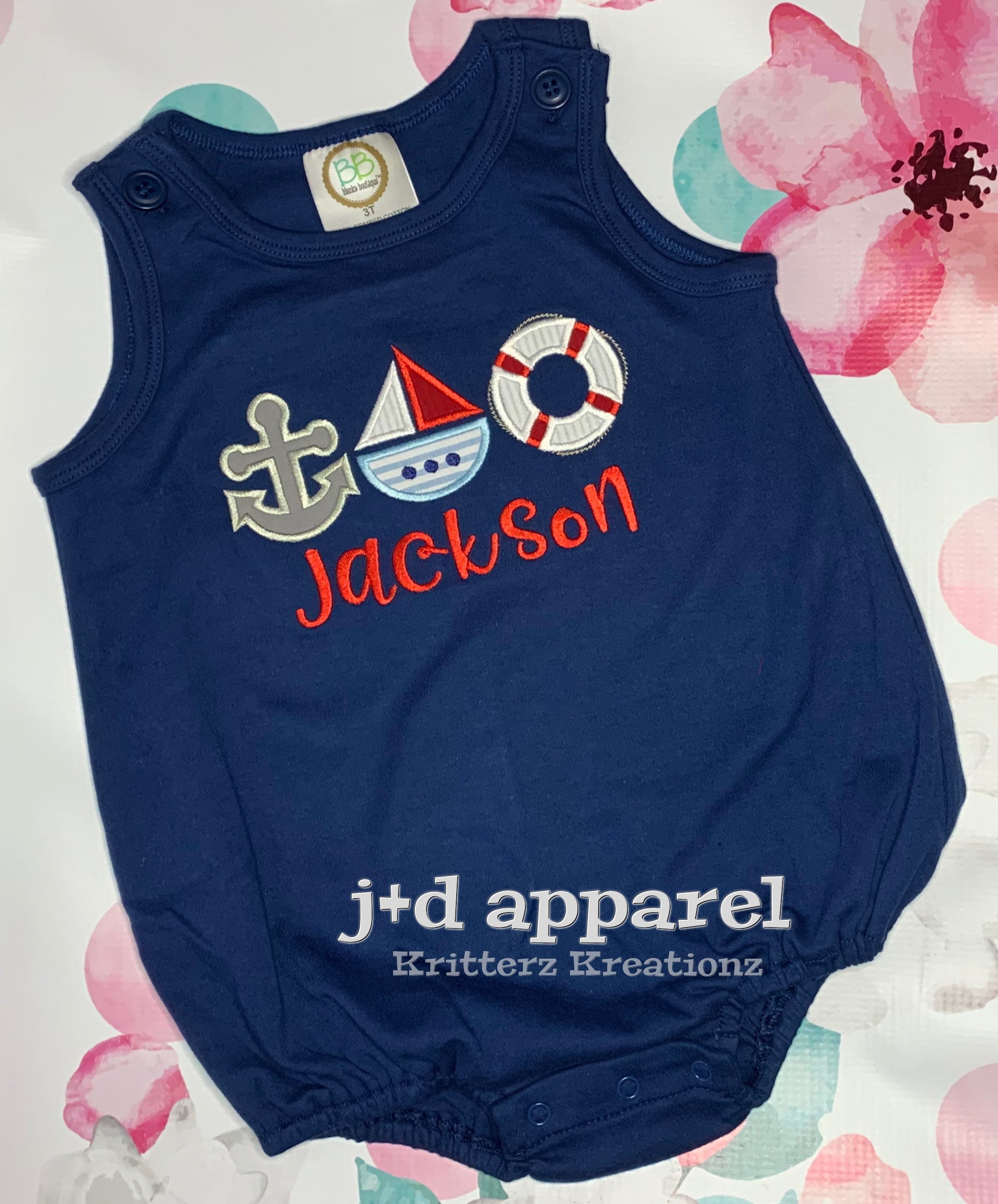 Nautical Stripe Embroidered Baby Organic Knit Romper
